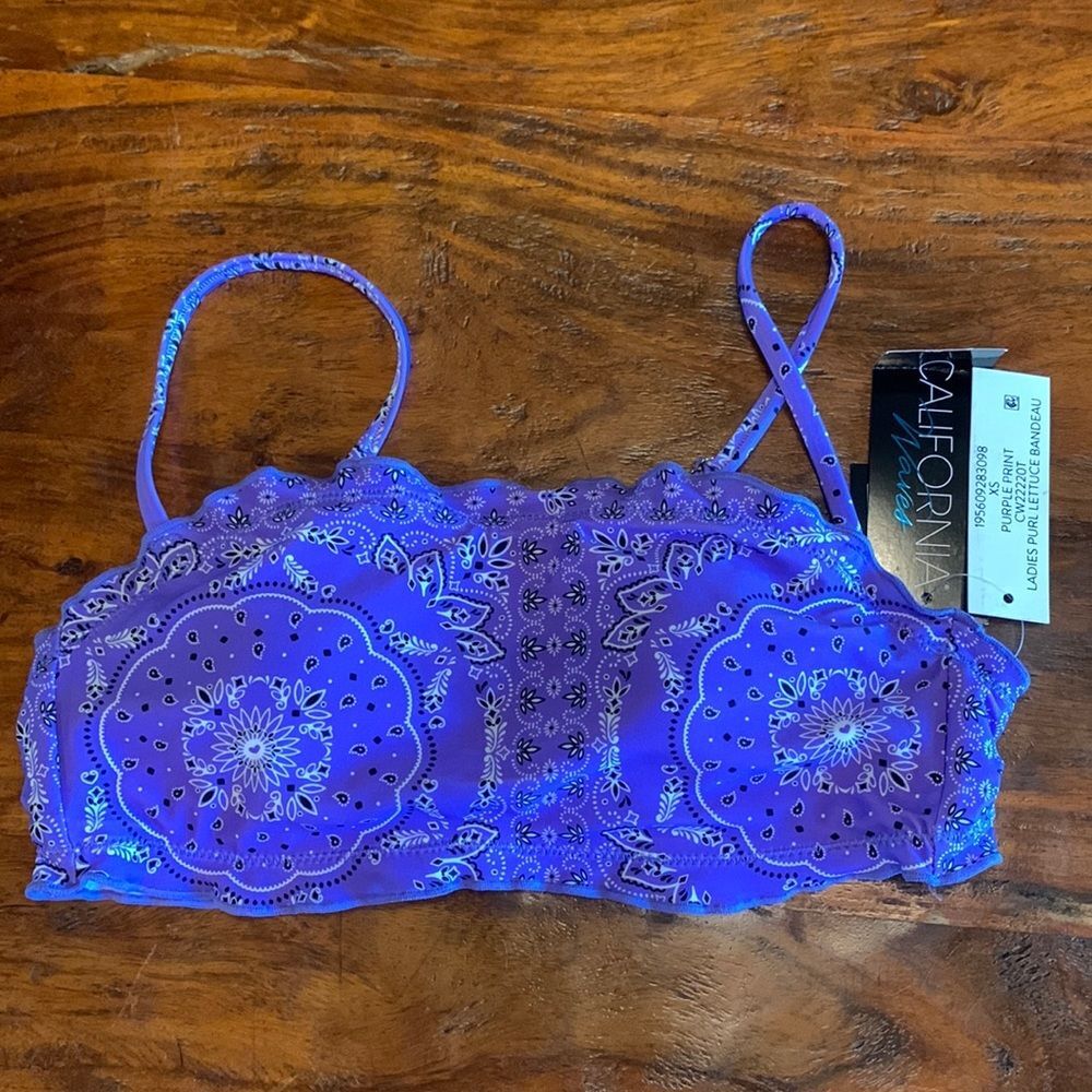 NWT California Waves Purple Paisley Print Lettuce Bandeau Swimsuit Bikini Top XS